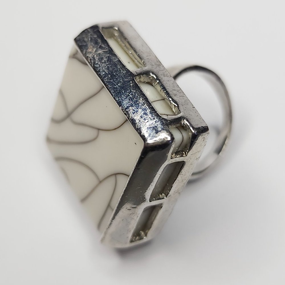 Silver Square Faux Marble Stone Cocktail Ring
